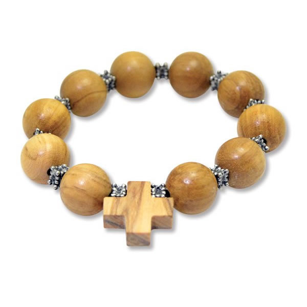 Bracciali rosario: Bracciale Decina Rosario elastico con perle in legno  ulivo naturale 15 mm e croce ulivo 15 mm